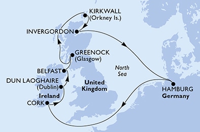 carte Hamburg, Cork, Dun Laoghaire, Belfast, Greenock, Kirkwall, 11 jours