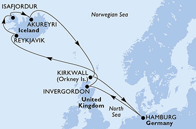 carte Hamburg, Invergordon, Reykjavik, Isafjordur, Akureyri, Kirkwall, 12 jours