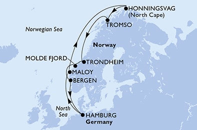 carte Hamburg, Maloy, Honningsvag, Tromso, Trondheim, Molde Fjord, 12 jours
