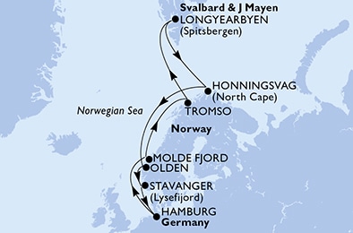 carte Hamburg, Molde Fjord, Tromso, Longyearbyen, Honningsvag, Olden, 15 jours