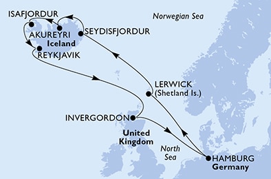 carte Hamburg, Lerwick, Seydisfjordur, Akureyri, Isafjordur, Reykjavik, 13 jours