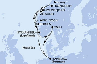 carte Hamburg, Bergen, Molde Fjord, Trondheim, Alesund, Vik i Sogn, 12 jours