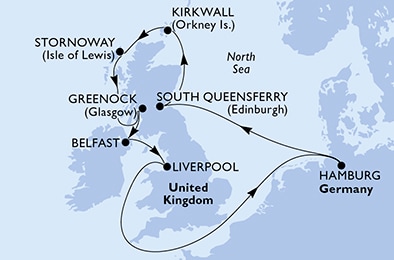 carte Hamburg, South Queensferry, Kirkwall, Stornoway, Greenock, Belfast, 11 jours