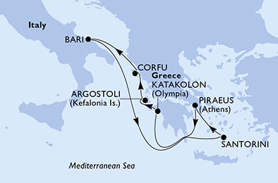 carte Bari, Santorini, Piraeus, Katakolon, Cefalonia, Corfu, 8 jours