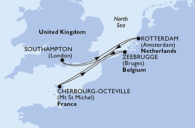 carte Southampton, Rotterdam, Cherbourg, Zeebrugge, 6 jours