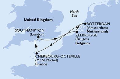 carte Southampton, Zeebrugge, Rotterdam, Cherbourg, 6 jours