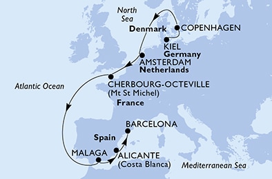 carte Kiel, Copenhagen, Amsterdam, Cherbourg, Malaga, Alicante, 11 jours