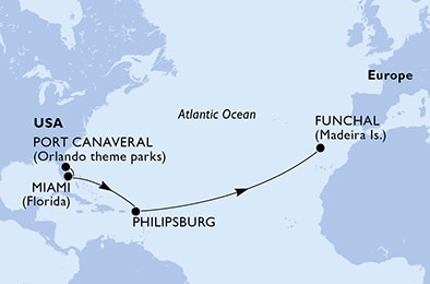 carte Port Canaveral, Miami, Philipsburg, Funchal, 12 jours