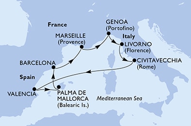 carte Valencia, Palma de Mallorca, Barcelona, Marseille, Genoa, Livorno, 9 jours