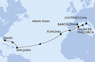 carte Civitavecchia, Palma de Mallorca, Barcelona, Funchal, San Juan, Miami, 17 jours