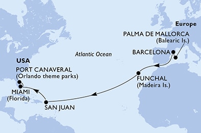 carte Espagne, Portugal, Porto Rico, Etats-Unis, 16 jours