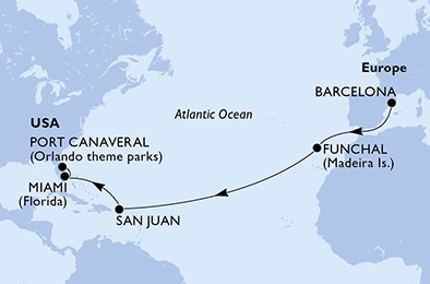carte Espagne, Portugal, Porto Rico, Etats-Unis, 15 jours