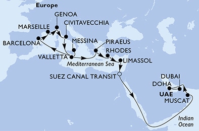 carte Messina, Valletta, Barcelona, Marseille, Genoa, Civitavecchia, 26 jours