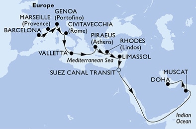 carte Barcelona, Marseille, Genoa, Civitavecchia, Valletta, Piraeus, 21 jours