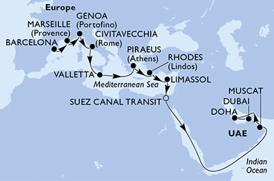 carte Barcelona, Marseille, Genoa, Civitavecchia, Valletta, Piraeus, 23 jours