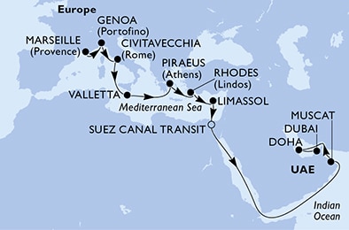 carte Marseille, Genoa, Civitavecchia, Valletta, Piraeus, Rhodes, 22 jours