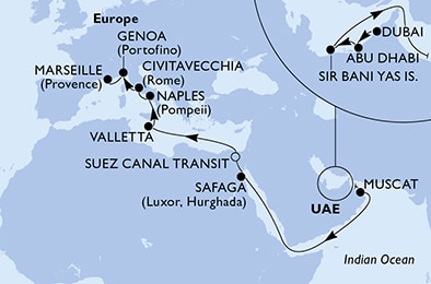 carte Dubai, Abu Dhabi, Sir Bani Yas, Muscat, Safaga, Suez Canal South, 21 jours