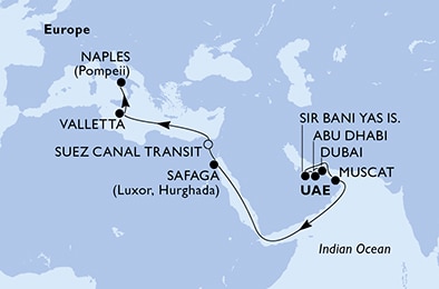 carte Dubai, Abu Dhabi, Sir Bani Yas, Muscat, Safaga, Suez Canal South, 18 jours
