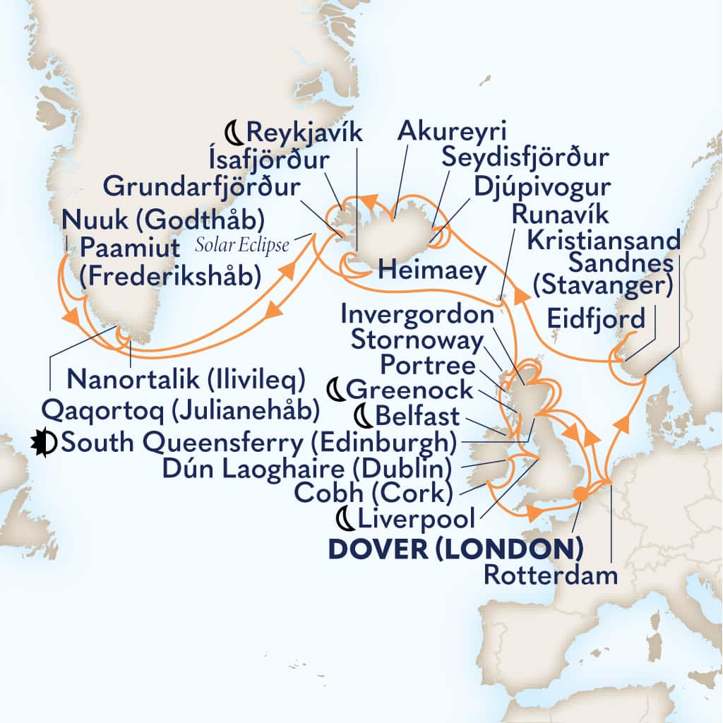 carte Royaume-Uni & Pays-Bas & Norvège & Islande & Groenland, 43 jours