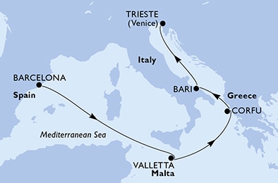 carte Espagne, Malte, Grèce, Italie, 7 jours