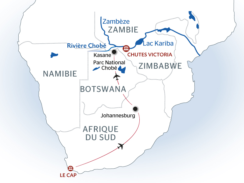 carte L'Afrique australe à bord de l'African Dream : Expérience inédite aux confins du monde avec pré-programme La péninsule du Cap (formule port/port), 13 jours - 14F_PP