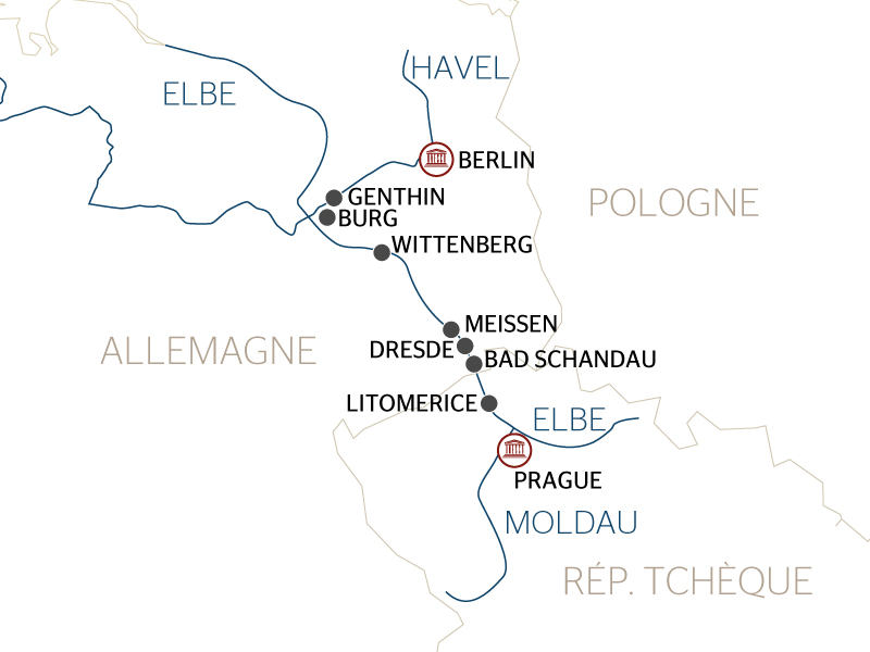 carte Croisière entre Prague et Berlin, les plus belles escales de la Moldau et de l'Elbe (formule port/port), 9 jours - PGB_PP