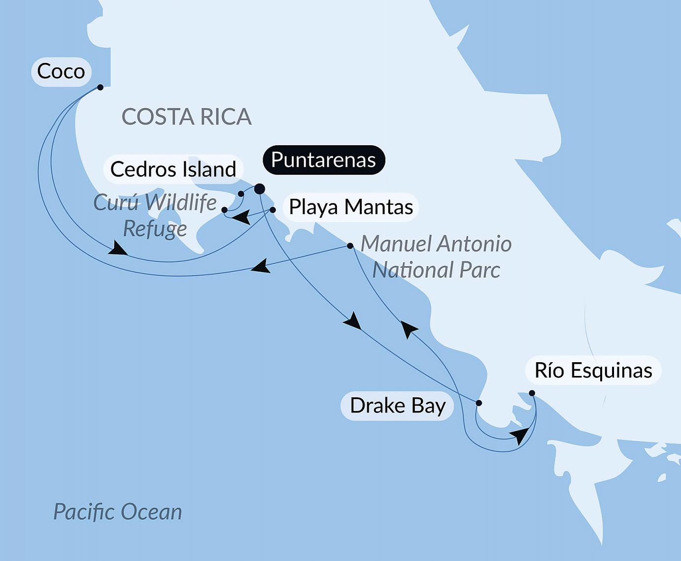 carte Côte pacifique du Costa Rica, 8 jours