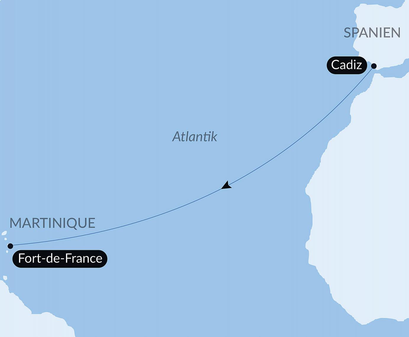 carte Voyage en Mer : Cadix - Fort de France, 13 jours