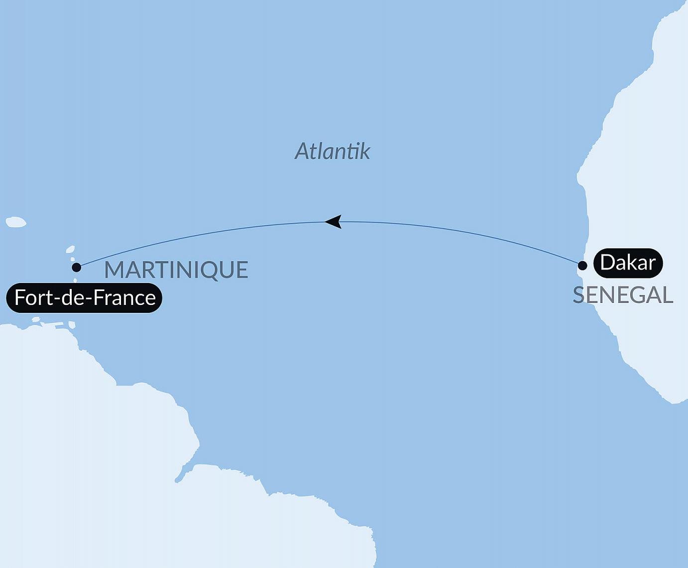 carte Voyage en Mer : Dakar - Fort-de-France, 11 jours