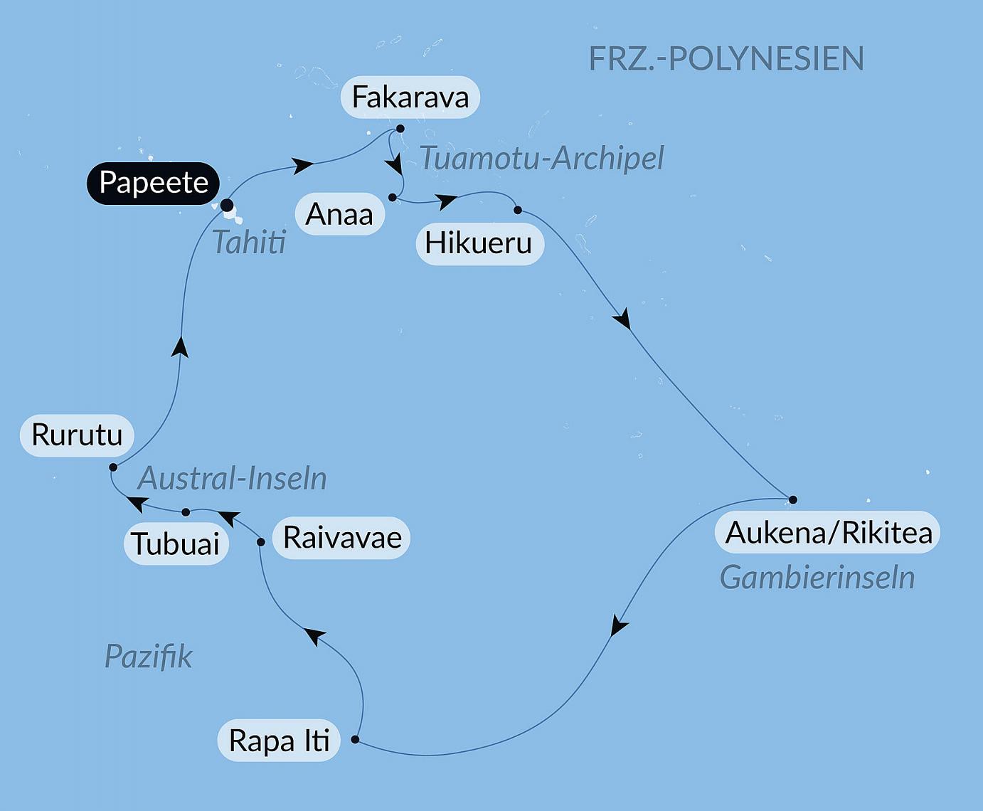 carte Polynésie secrète : Tuamotu inédites, îles Gambier et îles Australes, 15 jours