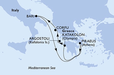 carte Piraeus, Katakolon, Cefalonia, Corfu, Bari, 7 jours