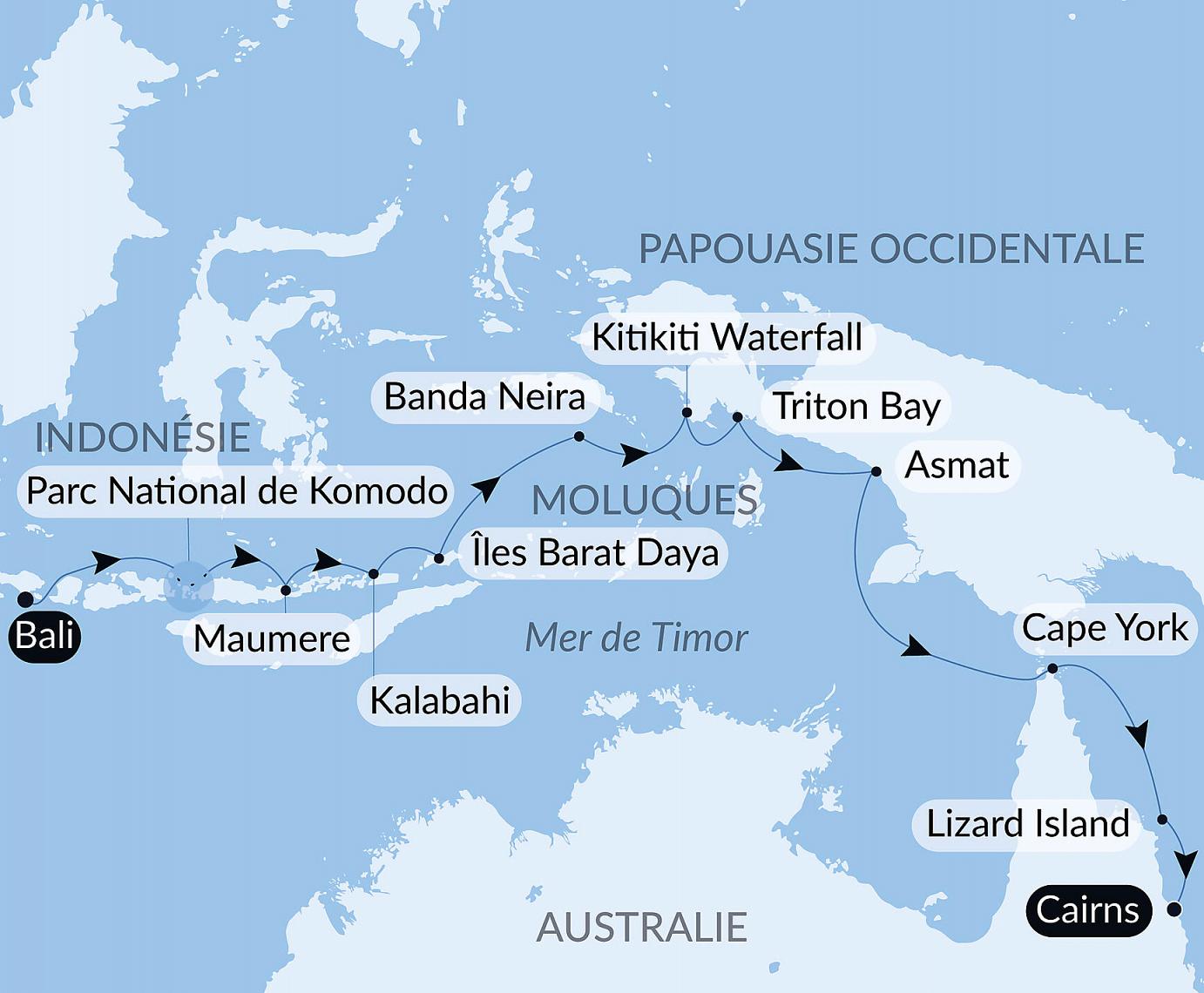 carte Odyssée tropicale entre Indonésie et nord-est Australien, 16 jours