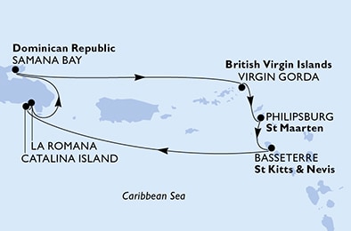 carte La Romana, Samana Bay, Virgin Gorda, Philipsburg, Basseterre, Catalina Island, 8 jours