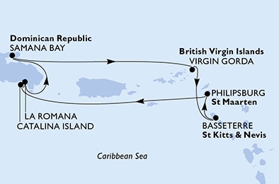 carte La Romana, Samana Bay, Virgin Gorda, Basseterre, Philipsburg, Catalina Island, 8 jours