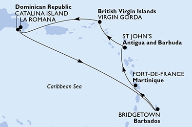 carte La Romana, Catalina Island, Bridgetown, Fort de France, St John s, Virgin Gorda, 8 jours