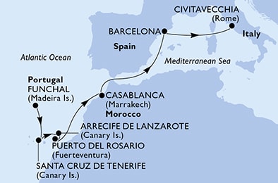 carte Funchal, Santa Cruz de Tenerife, Arrecife de Lanzarote, Puerto del Rosario, Casablanca, Barcelona, 10 jours