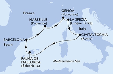 carte Palma de Mallorca, Barcelona, Marseille, Genoa, La Spezia, Civitavecchia, 8 jours