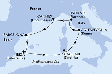 carte Barcelona, Ibiza, Cagliari, Civitavecchia, Livorno, Cannes, 8 jours