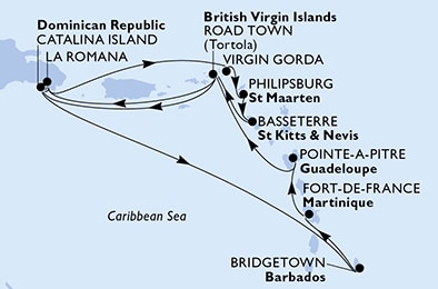 carte Bridgetown, Fort de France, Pointe-a-Pitre, Road Town, La Romana, Virgin Gorda, 15 jours