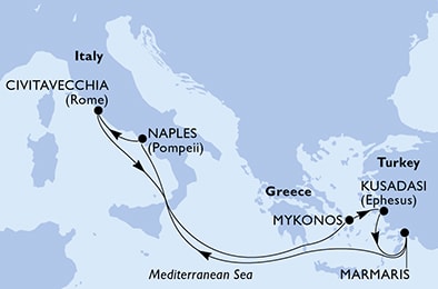 carte Civitavecchia, Mykonos, Kusadasi, Marmaris, Naples, 8 jours