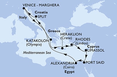 carte Venice-Marghera, Katakolon, Heraklion, Rhodes, Limassol, Port Said, 12 jours