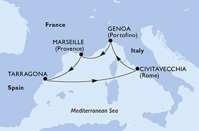 carte Tarragona, Civitavecchia, Genoa, Marseille, 6 jours