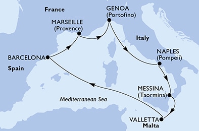 carte Naples, Messina, Valletta, Barcelona, Marseille, Genoa, 8 jours