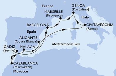 carte Civitavecchia, Genoa, Marseille, Barcelona, Cadiz, Casablanca, 11 jours