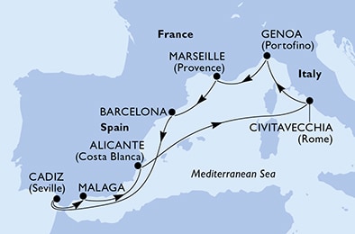 carte Marseille, Barcelona, Cadiz, Malaga, Alicante, Civitavecchia, 11 jours
