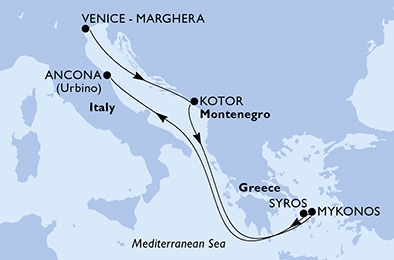 carte Venice-Marghera, Kotor, Mykonos, Syros, Ancona, 7 jours