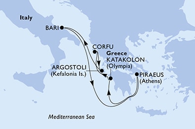 carte Piraeus, Katakolon, Corfu, Cefalonia, Bari, 7 jours
