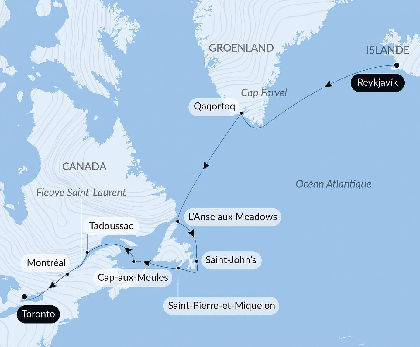 carte Exploration du Groenland au Canada par Saint-Pierre-et-Miquelon, 16 jours