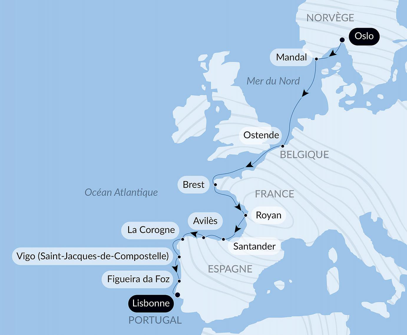 carte L’été au vert, de la mer du Nord à la péninsule ibérique, 13 jours