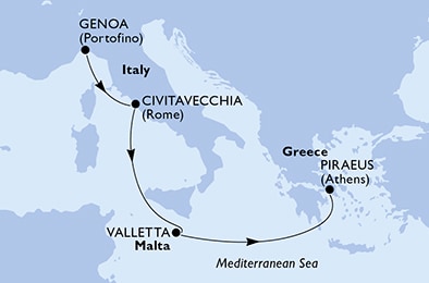 carte Genoa, Civitavecchia, Valletta, Piraeus, 6 jours